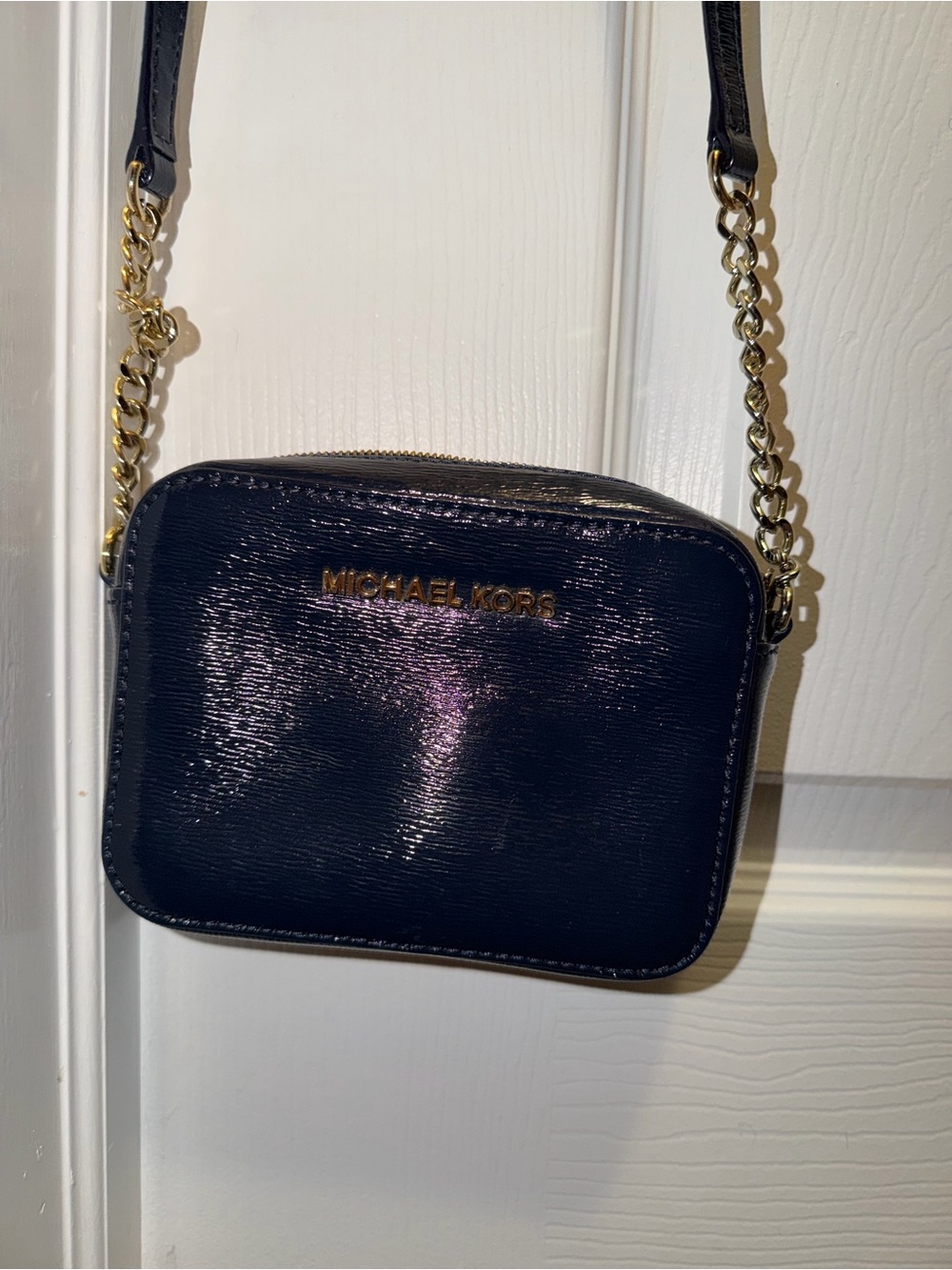 Michael Kors Navy Patent Wristlet Clutch with Gold Hardware